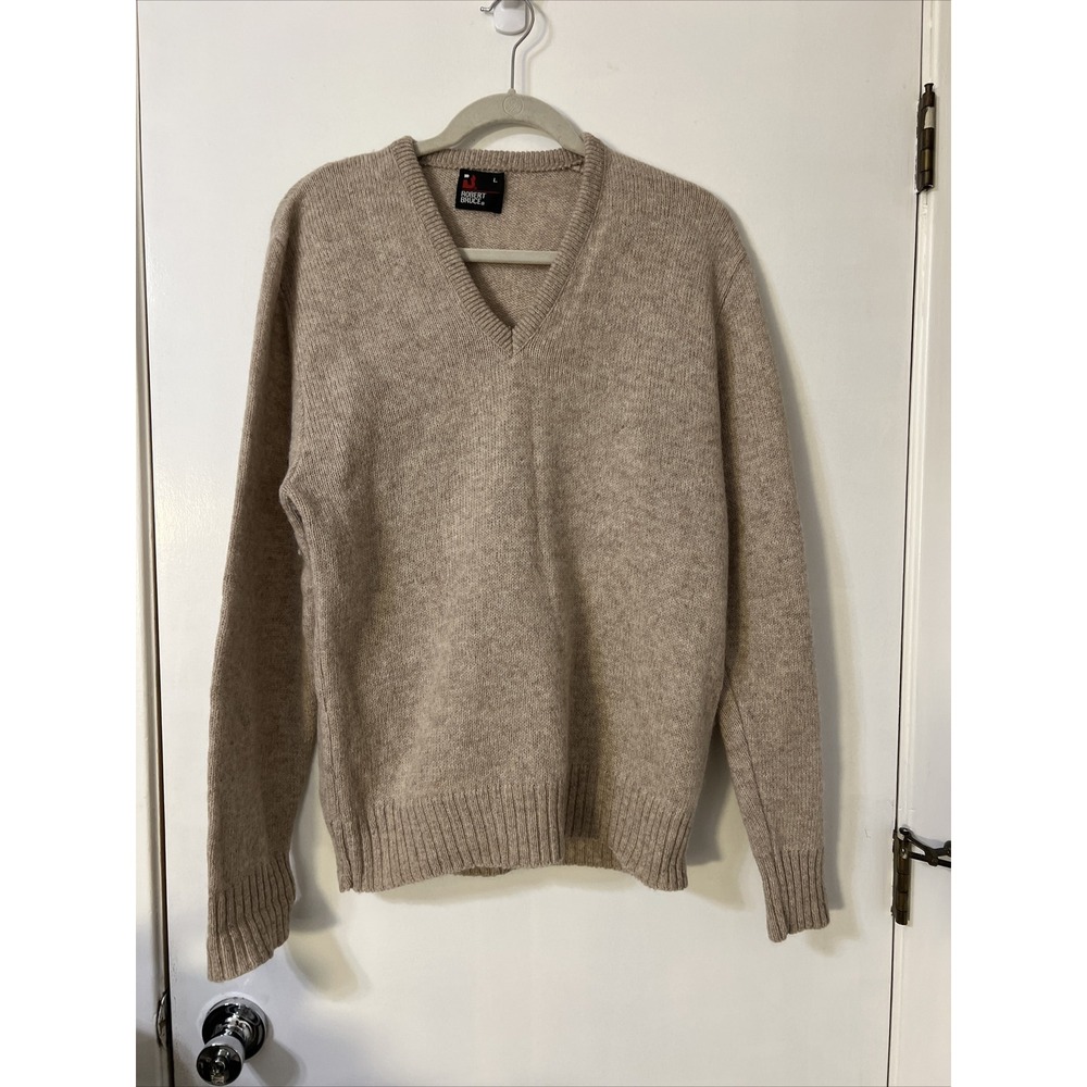 Vintage Robert Bruce‎ Men's Large Beige Tan Wool Blend V-Neck Sweater